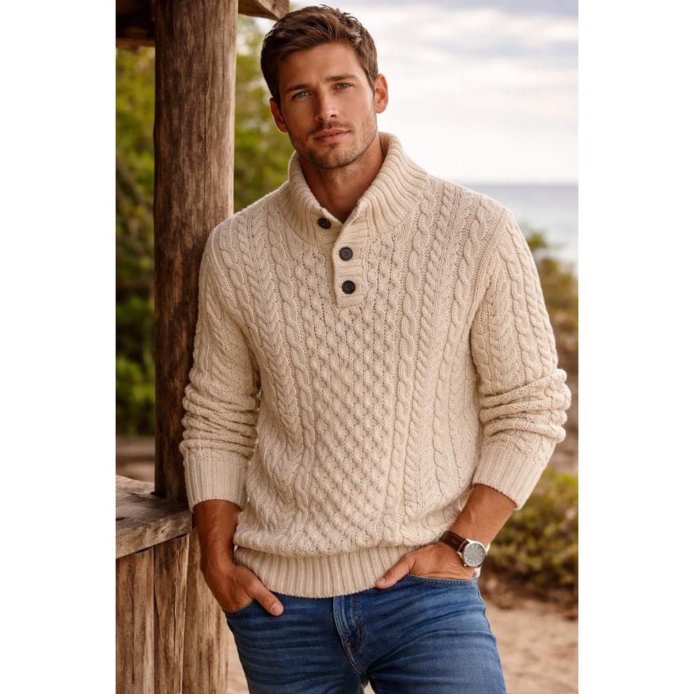 LL Bean Vintage Mens Wool Fisherman Sweater Ireland Cable Knit Mock Neck Cream M